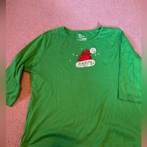 Classic Elements Green Long Sleeve Top with Red & White Santa Hat